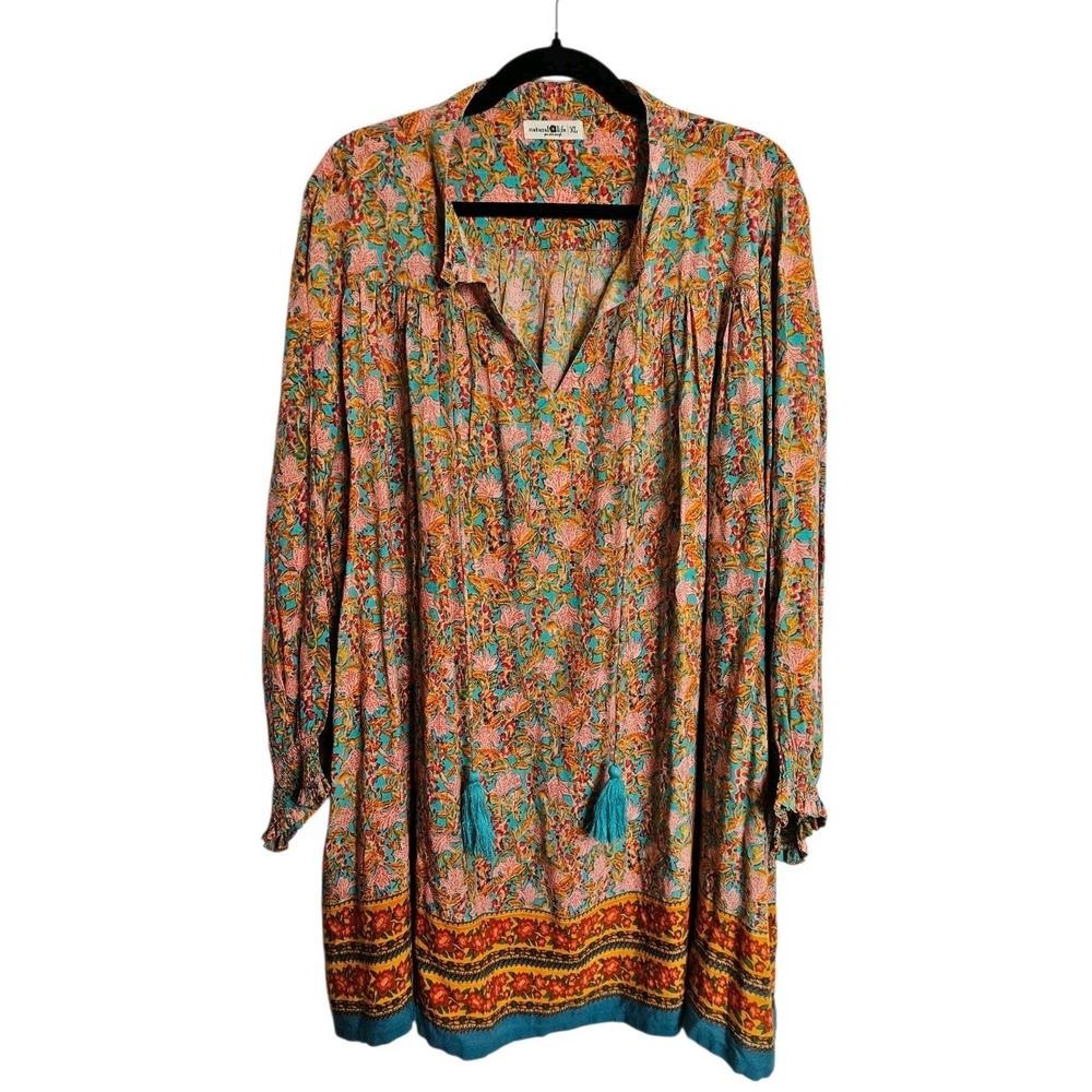 Natural Life Boho Printed Dara V-Neck Mini Dress Tunic Top Turquoise Size XL
